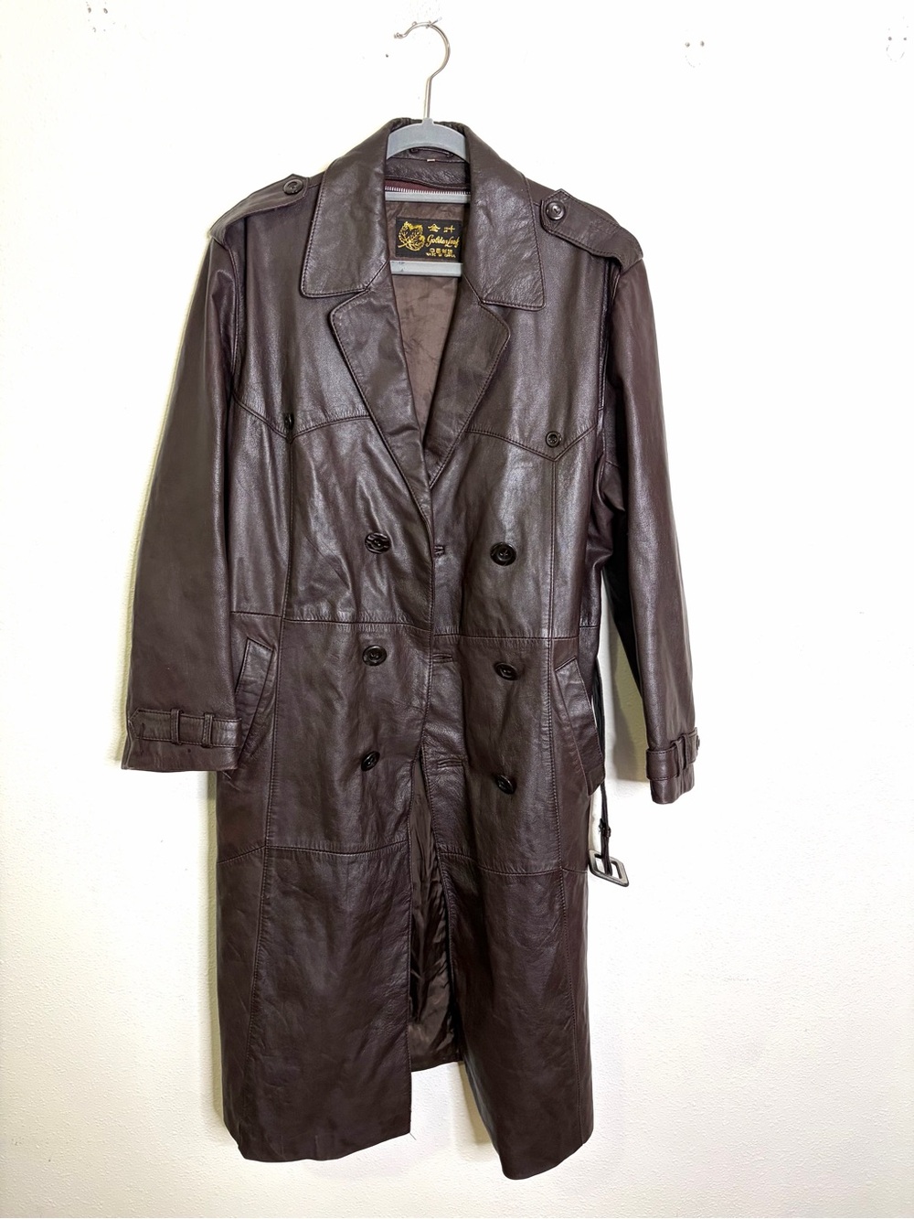 Vintage 70s Brown Leather Trench Coat women’s chocolate L XL belted long